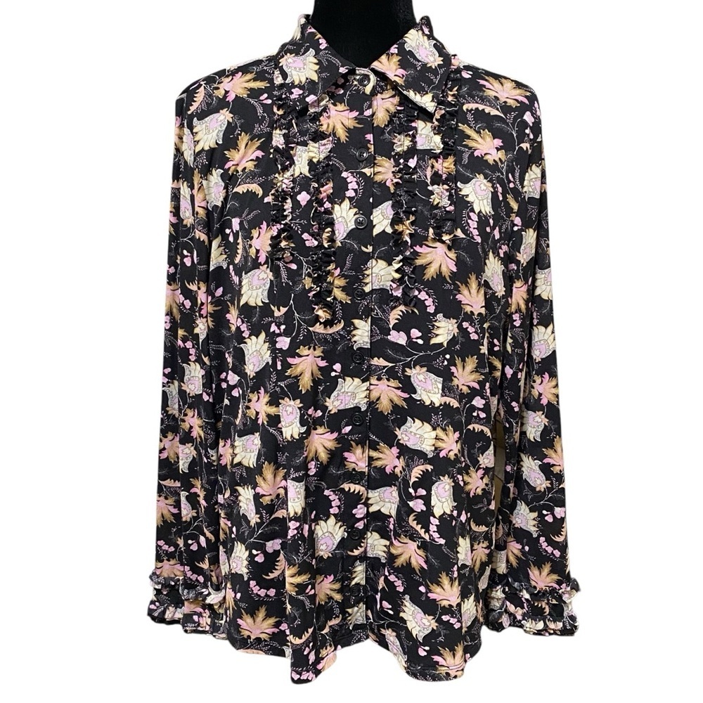 INC Black Floral Paisley Ruffle Blouse Boho Whimsigoth Button Front 1X